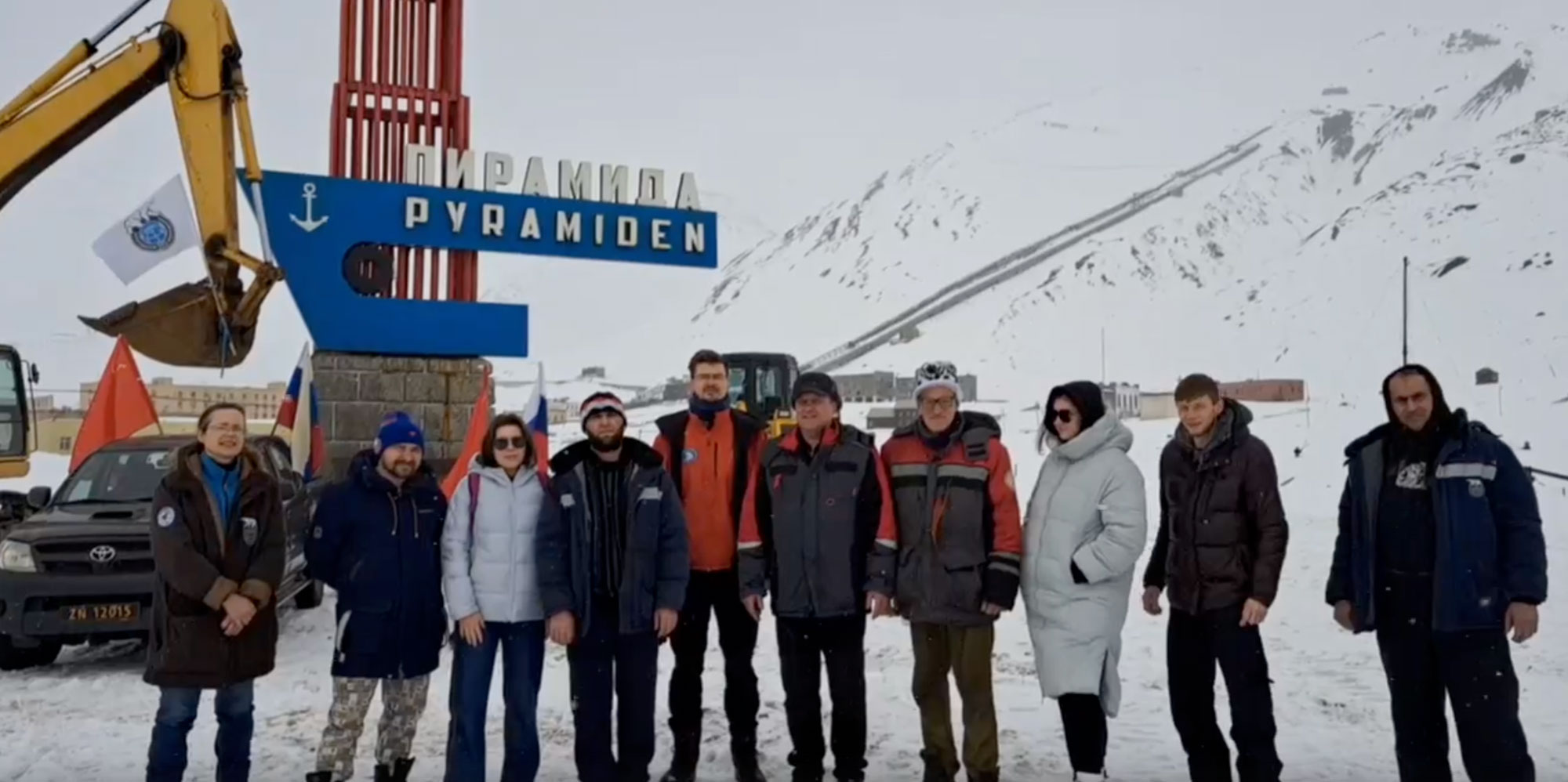 Locals participating in the 9th of May parade in Pyramiden. Screenshot of video by Trust Arktikugol